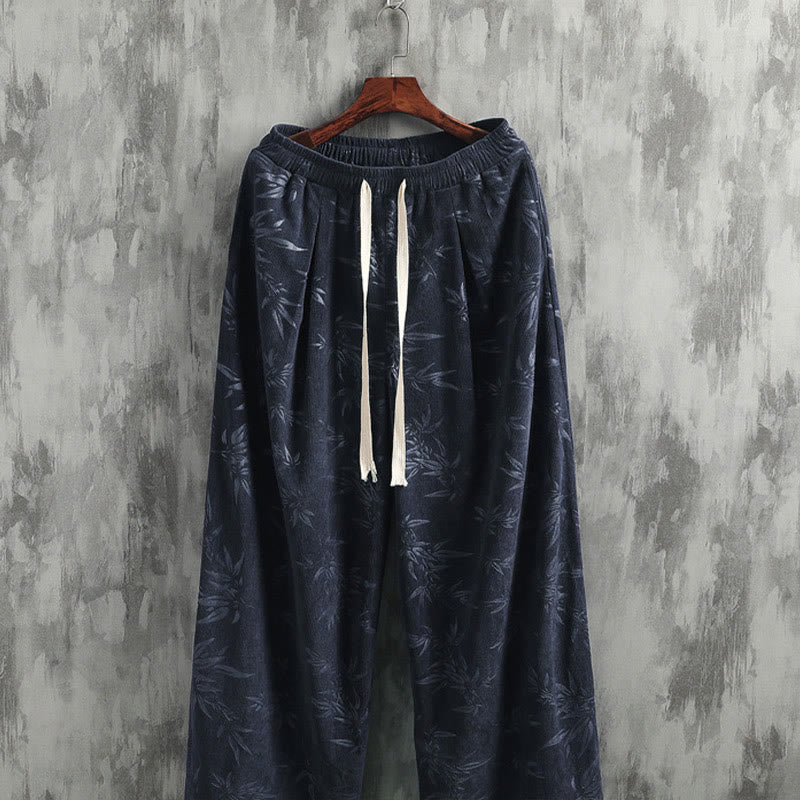 Buddha Stones Bambusowe Liście Sztruksowe Spodnie Męskie Z Szerokimi Nogawkami I Kieszeniami - image 2