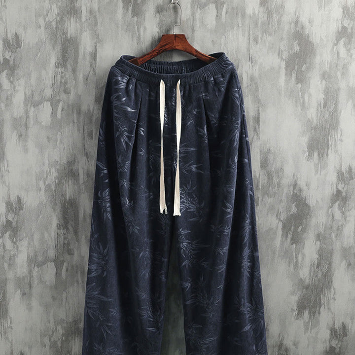 Buddha Stones Bambusowe Liście Sztruksowe Spodnie Męskie Z Szerokimi Nogawkami I Kieszeniami - image 2