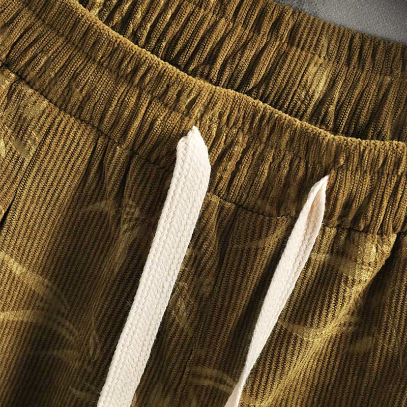 Buddha Stones Bambusowe Liście Sztruksowe Spodnie Męskie Z Szerokimi Nogawkami I Kieszeniami - image 7