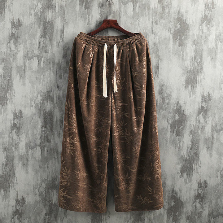 Buddha Stones Bambusowe Liście Sztruksowe Spodnie Męskie Z Szerokimi Nogawkami I Kieszeniami - image 17