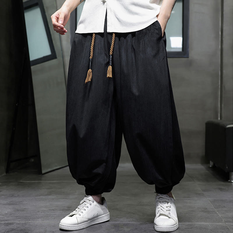 Spodnie haremowe męskie Buddha Stones Solid Color Corduroy Drawstring Thermal z kieszeniami - image 15