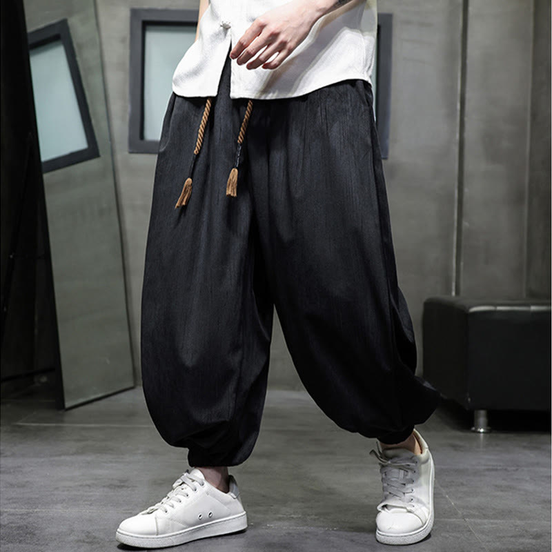 Spodnie haremowe męskie Buddha Stones Solid Color Corduroy Drawstring Thermal z kieszeniami - image 14