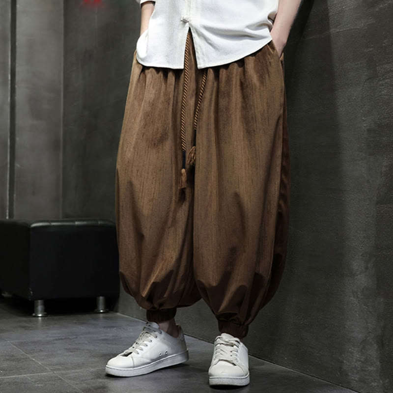 Spodnie haremowe męskie Buddha Stones Solid Color Corduroy Drawstring Thermal z kieszeniami - image 2