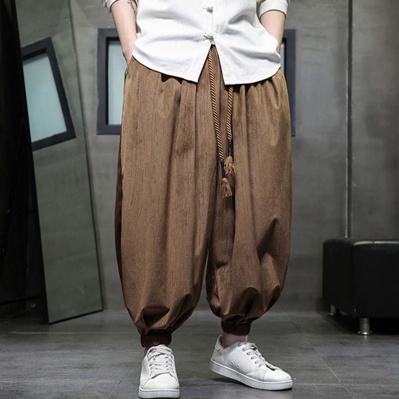 Spodnie haremowe męskie Buddha Stones Solid Color Corduroy Drawstring Thermal z kieszeniami - image 1