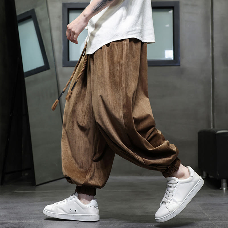 Spodnie haremowe męskie Buddha Stones Solid Color Corduroy Drawstring Thermal z kieszeniami - image 11