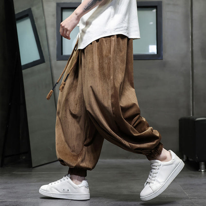 Spodnie haremowe męskie Buddha Stones Solid Color Corduroy Drawstring Thermal z kieszeniami - image 11