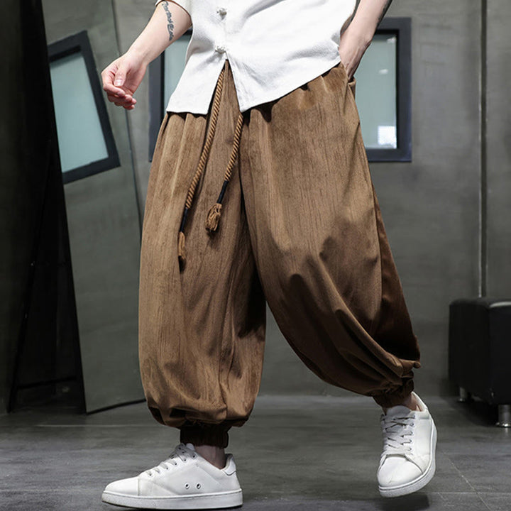 Spodnie haremowe męskie Buddha Stones Solid Color Corduroy Drawstring Thermal z kieszeniami - image 10