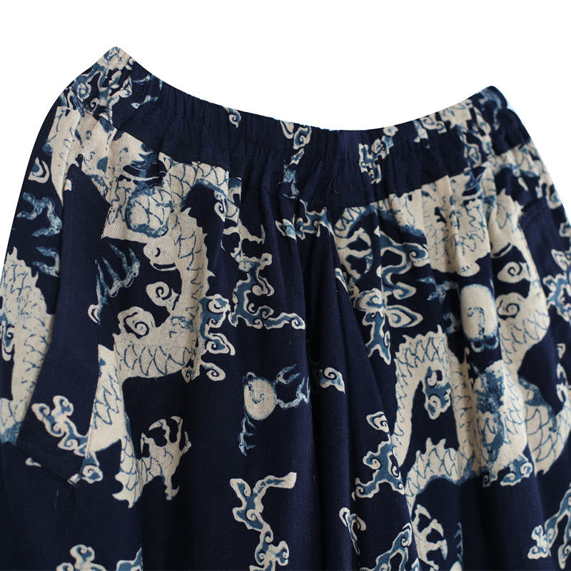 Buddha Stones Chiński Smok Nadruk Elastyczny Pas Męskie Spodnie Bawełniane Lniane Etniczne Z Kieszeniami - image 7