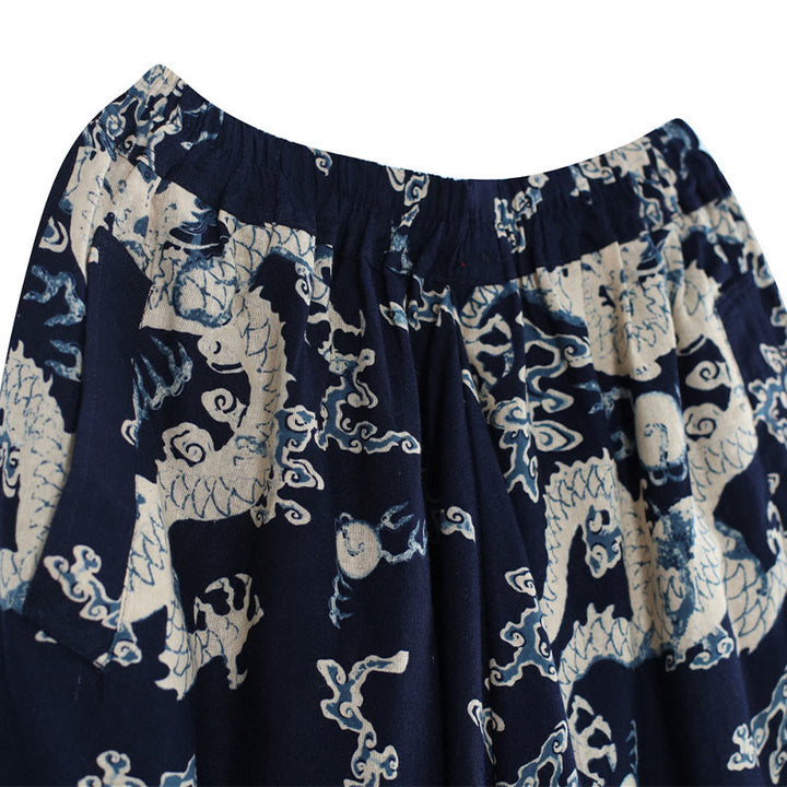 Buddha Stones Chiński Smok Nadruk Elastyczny Pas Męskie Spodnie Bawełniane Lniane Etniczne Z Kieszeniami - image 7