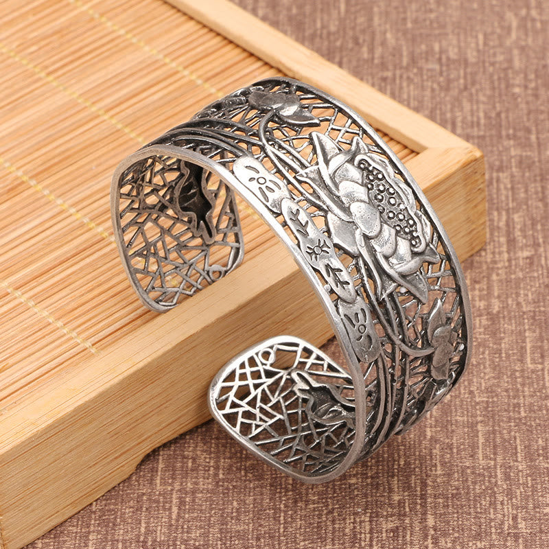 Buddha Stones Pusty Lotos Srebrna Miedź Uzdrawiająca Oświecenie Bransoletka Bangle