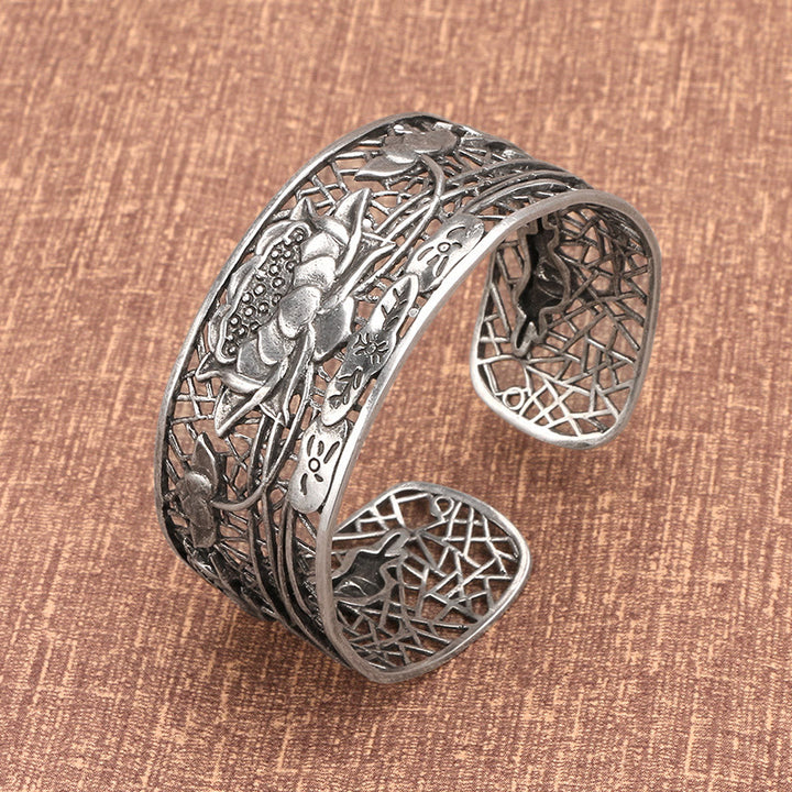 Buddha Stones Pusty Lotos Srebrna Miedź Uzdrawiająca Oświecenie Bransoletka Bangle
