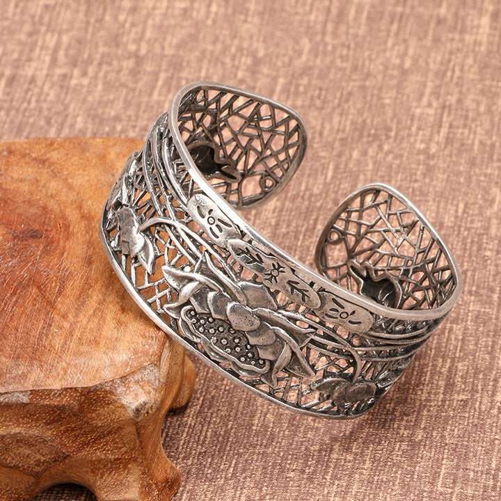 Buddha Stones Pusty Lotos Srebrna Miedź Uzdrawiająca Oświecenie Bransoletka Bangle