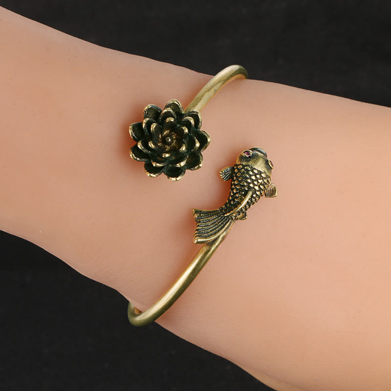 Buddha Stones Kwiat Lotosu Ryba Koi Miedź Mosiądz Oświecenie Szczęście Bransoletka Bangle