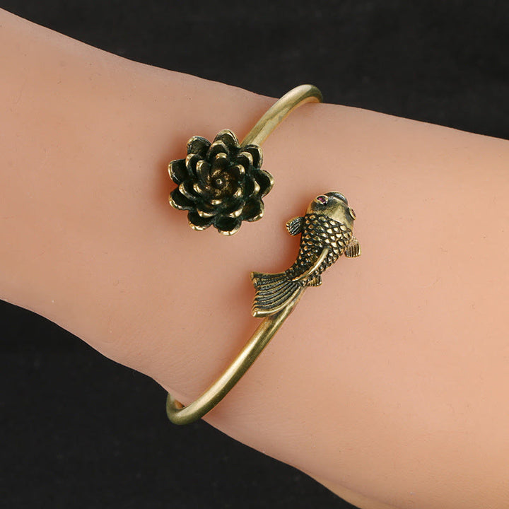 Buddha Stones Kwiat Lotosu Ryba Koi Miedź Mosiądz Oświecenie Szczęście Bransoletka Bangle