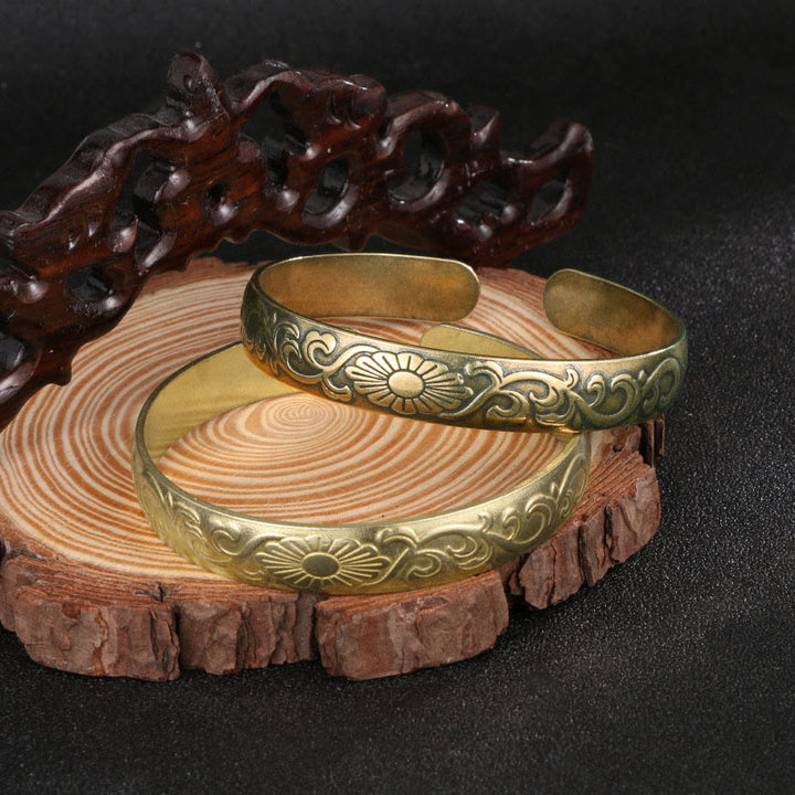 Buddha Stones Stokrotki Winorośl Miedź Mosiądz Szczęście Samoopieka Mankiet Bransoletka Bangle