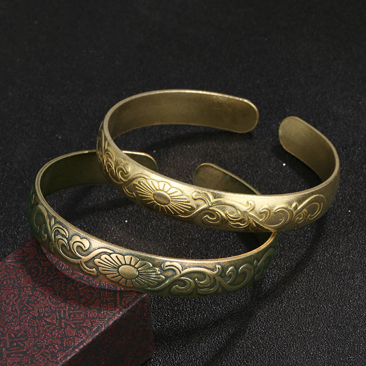 Buddha Stones Stokrotki Winorośl Miedź Mosiądz Szczęście Samoopieka Mankiet Bransoletka Bangle