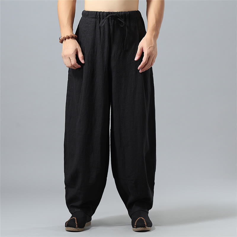 Buddha Stones Casual Jednokolorowe Spodnie Męskie Z Sznurkiem Bawełnianym I Lnianym Z Kieszeniami - Czarny - US/UK/AU40, EU50 (2XL) - image 10