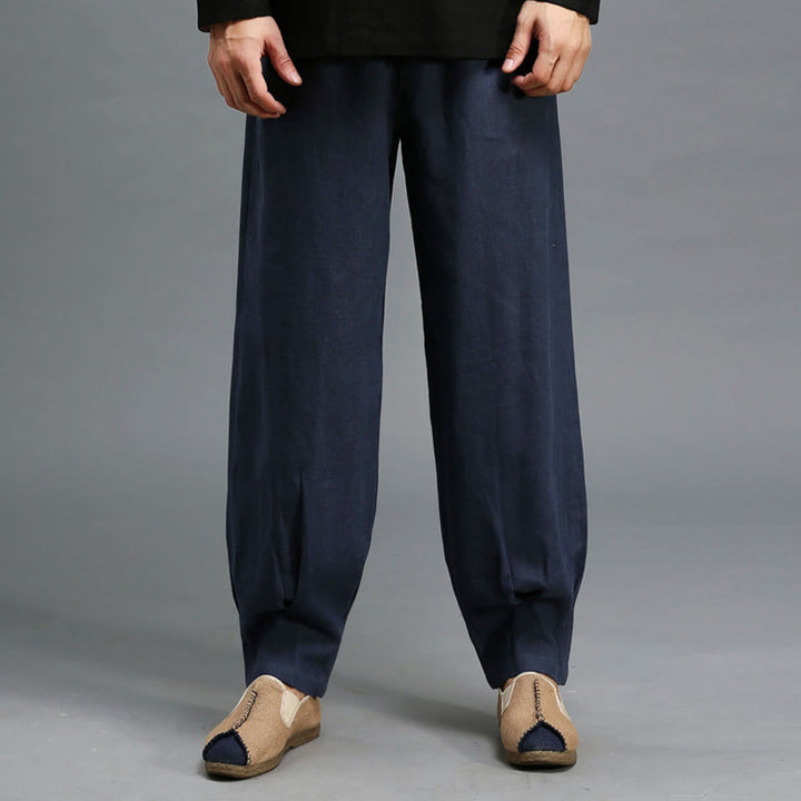 Buddha Stones Casualowe Jednokolorowe Elastyczne Spodnie Męskie Z Sznurkiem Ściąganym Ramie Lniane Z Kieszeniami - image 11