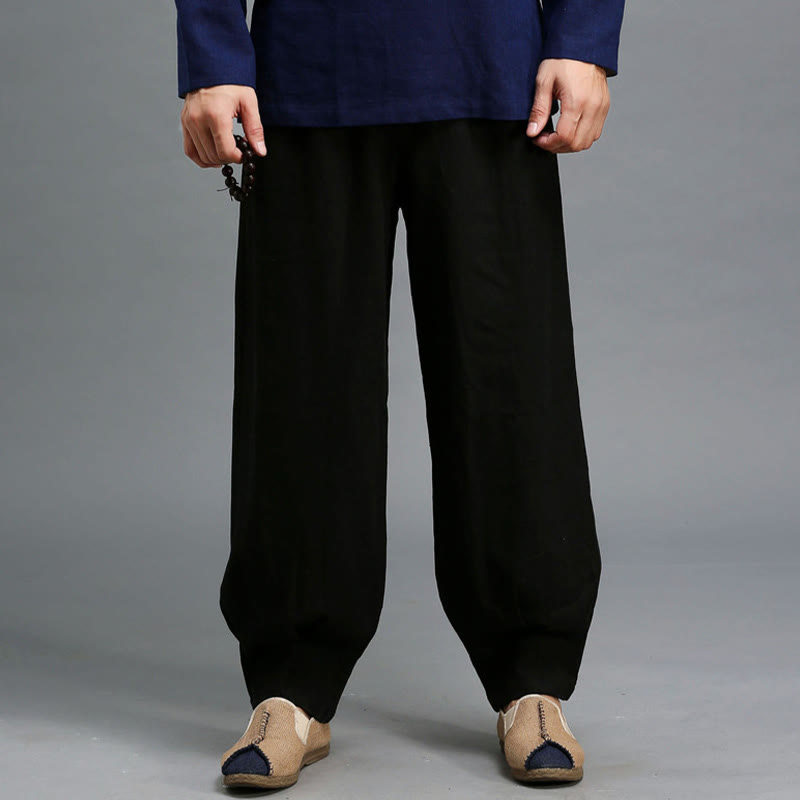Buddha Stones Casualowe Jednokolorowe Elastyczne Spodnie Męskie Z Sznurkiem Ściąganym Ramie Lniane Z Kieszeniami - image 19