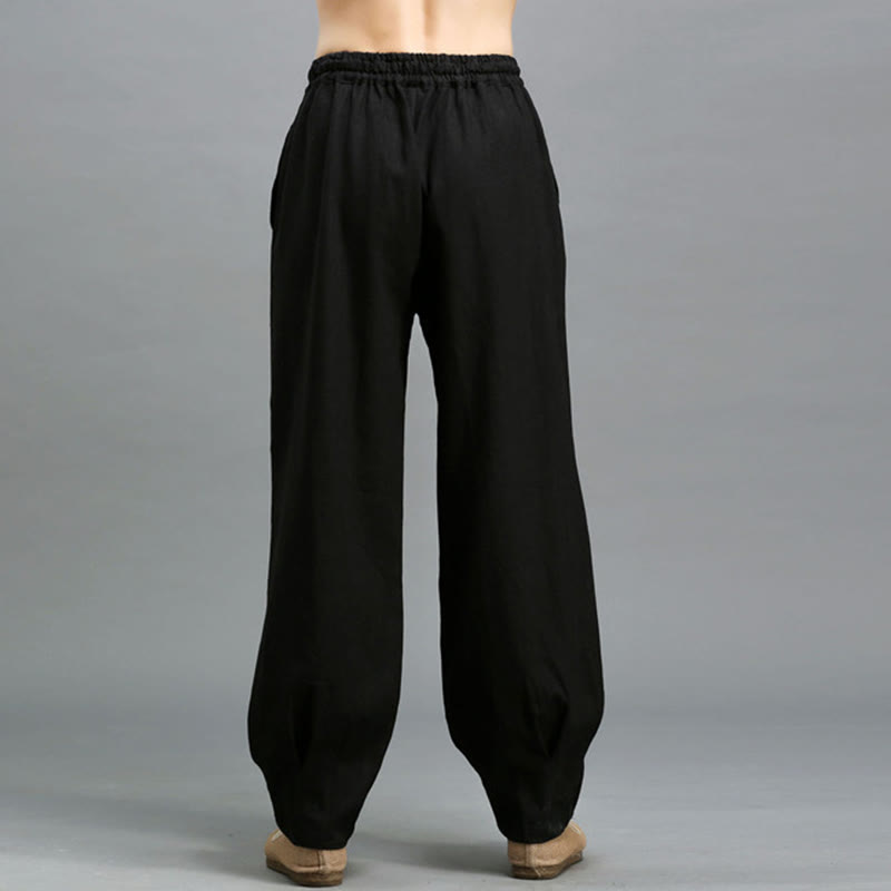 Buddha Stones Casualowe Jednokolorowe Elastyczne Spodnie Męskie Z Sznurkiem Ściąganym Ramie Lniane Z Kieszeniami - image 15