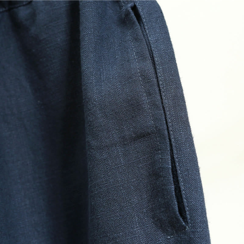 Buddha Stones Casualowe Jednokolorowe Elastyczne Spodnie Męskie Z Sznurkiem Ściąganym Ramie Lniane Z Kieszeniami - image 25