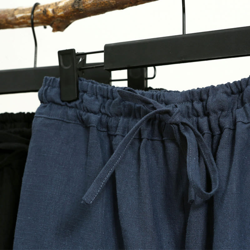 Buddha Stones Casualowe Jednokolorowe Elastyczne Spodnie Męskie Z Sznurkiem Ściąganym Ramie Lniane Z Kieszeniami - image 22