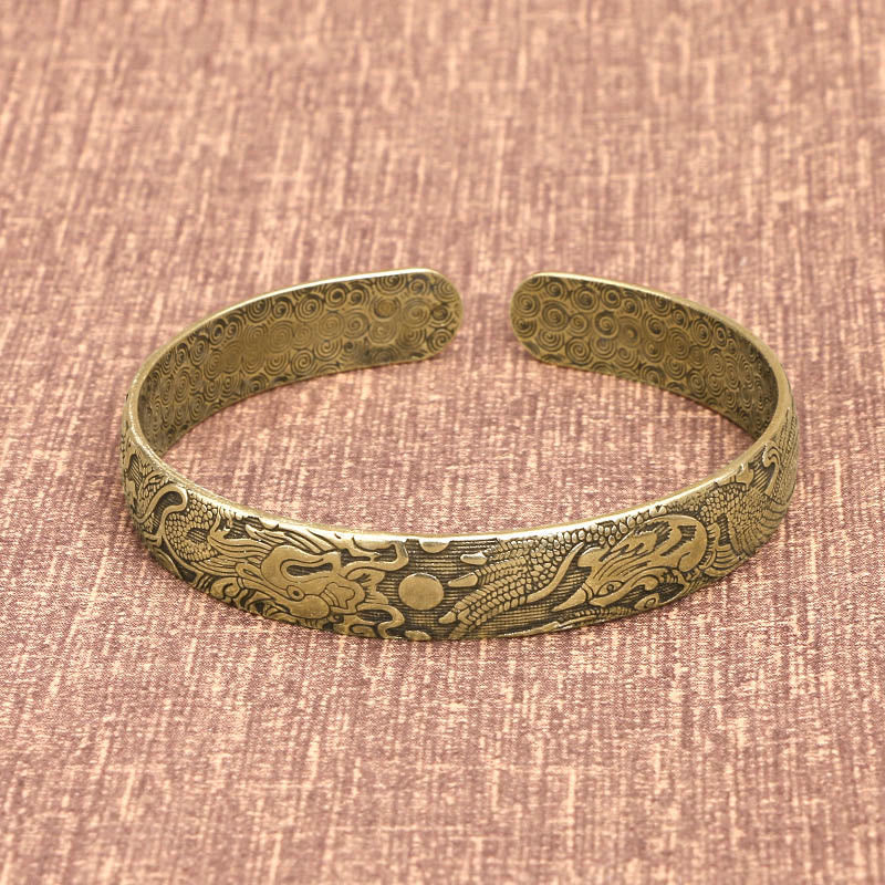 Buddha Stones Smok i Feniks bawiący się perłą Rzeźbiona miedź Mosiądz Ochrona Szczęścia Bransoletka Bangle