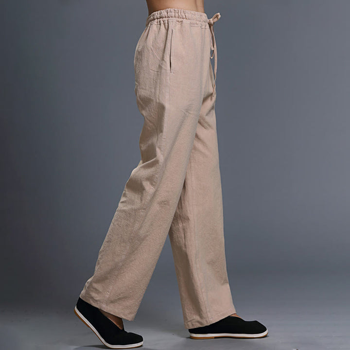 Spodnie męskie z kieszeniami i ściągaczem Buddha Stones Casual Plain Color Linen - image 28