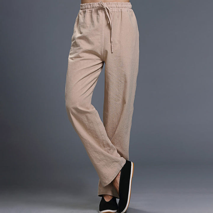 Spodnie męskie z kieszeniami i ściągaczem Buddha Stones Casual Plain Color Linen - image 26