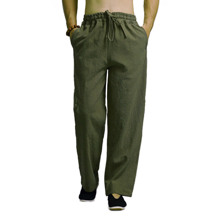 Spodnie męskie z kieszeniami i ściągaczem Buddha Stones Casual Plain Color Linen - image 42