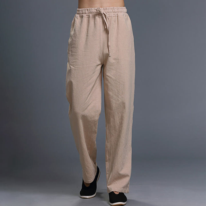 Spodnie męskie z kieszeniami i ściągaczem Buddha Stones Casual Plain Color Linen - image 27