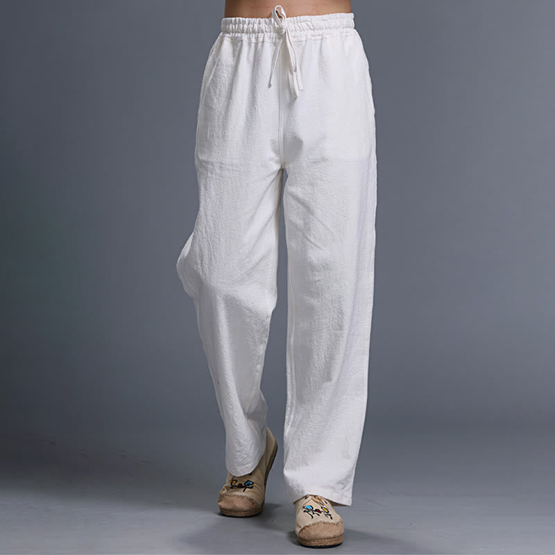 Spodnie męskie z kieszeniami i ściągaczem Buddha Stones Casual Plain Color Linen - image 1