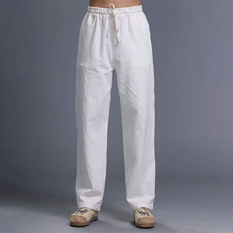 Spodnie męskie z kieszeniami i ściągaczem Buddha Stones Casual Plain Color Linen - Biały - US/UK/AU38， EU48 (XL) - image 0