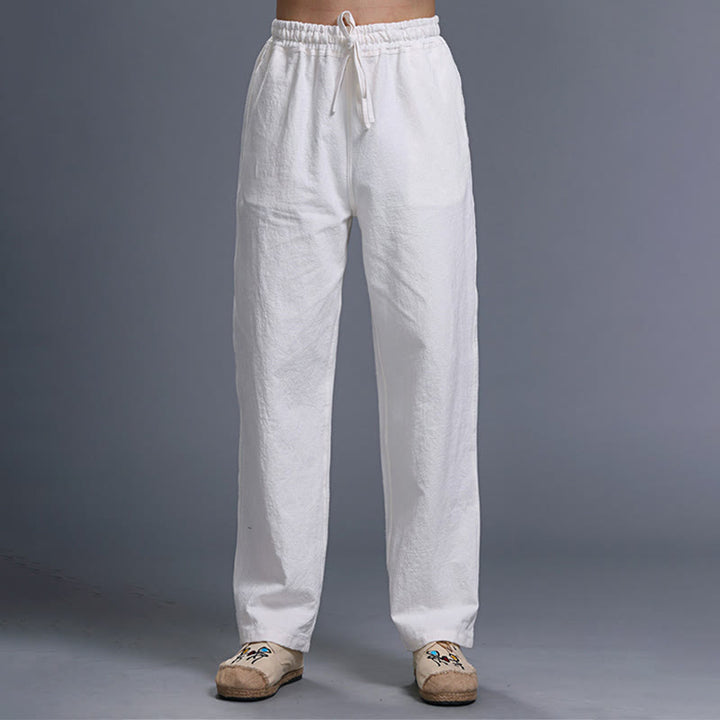 Spodnie męskie z kieszeniami i ściągaczem Buddha Stones Casual Plain Color Linen - Biały - US/UK/AU38， EU48 (XL) - image 0