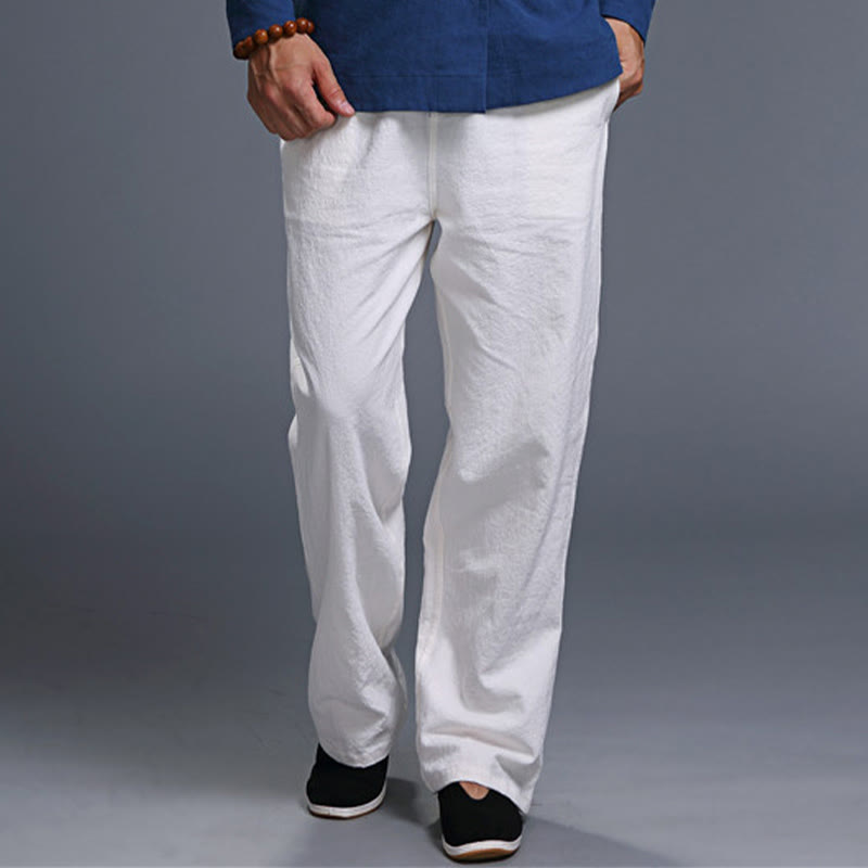 Spodnie męskie z kieszeniami i ściągaczem Buddha Stones Casual Plain Color Linen - image 7