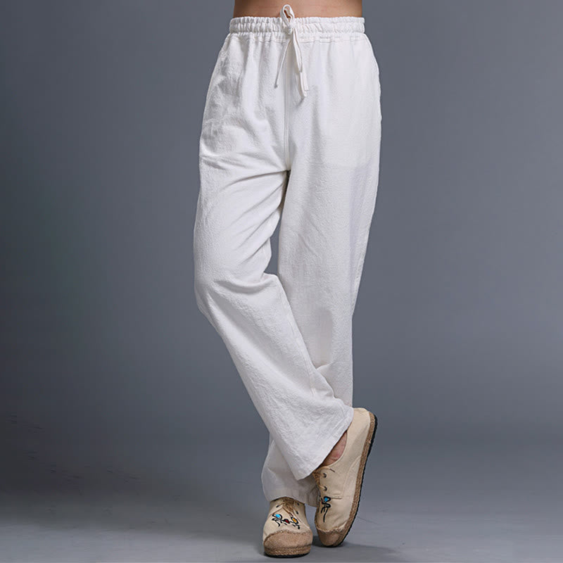 Spodnie męskie z kieszeniami i ściągaczem Buddha Stones Casual Plain Color Linen - image 2