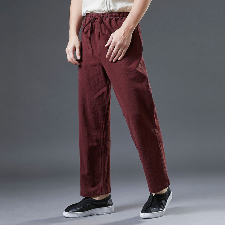 Spodnie męskie z kieszeniami i ściągaczem Buddha Stones Casual Plain Color Linen - image 18