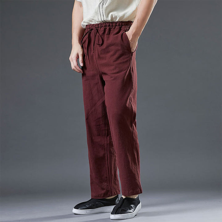 Spodnie męskie z kieszeniami i ściągaczem Buddha Stones Casual Plain Color Linen - Kasztanowaty - US/UK/AU38， EU48 (XL) - image 14