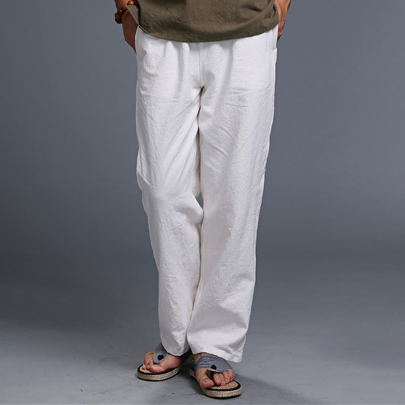 Spodnie męskie z kieszeniami i ściągaczem Buddha Stones Casual Plain Color Linen - image 12