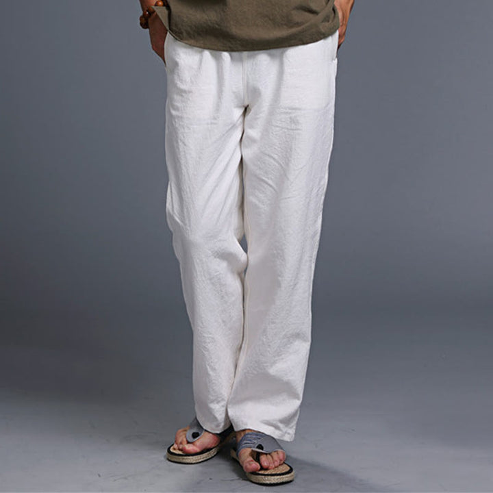 Spodnie męskie z kieszeniami i ściągaczem Buddha Stones Casual Plain Color Linen - image 12