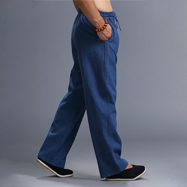 Spodnie męskie z kieszeniami i ściągaczem Buddha Stones Casual Plain Color Linen - image 20