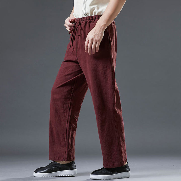 Spodnie męskie z kieszeniami i ściągaczem Buddha Stones Casual Plain Color Linen - image 15