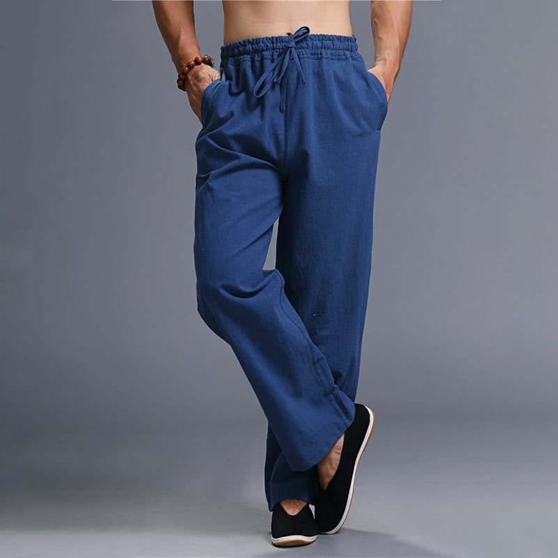 Spodnie męskie z kieszeniami i ściągaczem Buddha Stones Casual Plain Color Linen - image 22