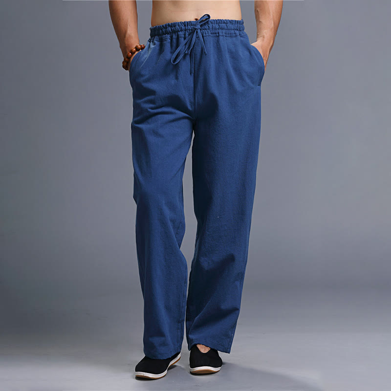 Spodnie męskie z kieszeniami i ściągaczem Buddha Stones Casual Plain Color Linen - Marynarka wojenna - US/UK/AU38， EU48 (XL) - image 19