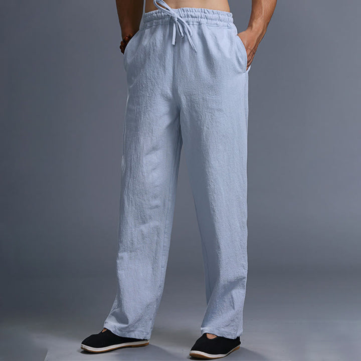Spodnie męskie z kieszeniami i ściągaczem Buddha Stones Casual Plain Color Linen - image 36