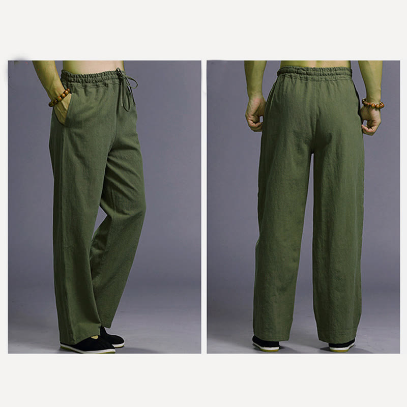Spodnie męskie z kieszeniami i ściągaczem Buddha Stones Casual Plain Color Linen - image 41