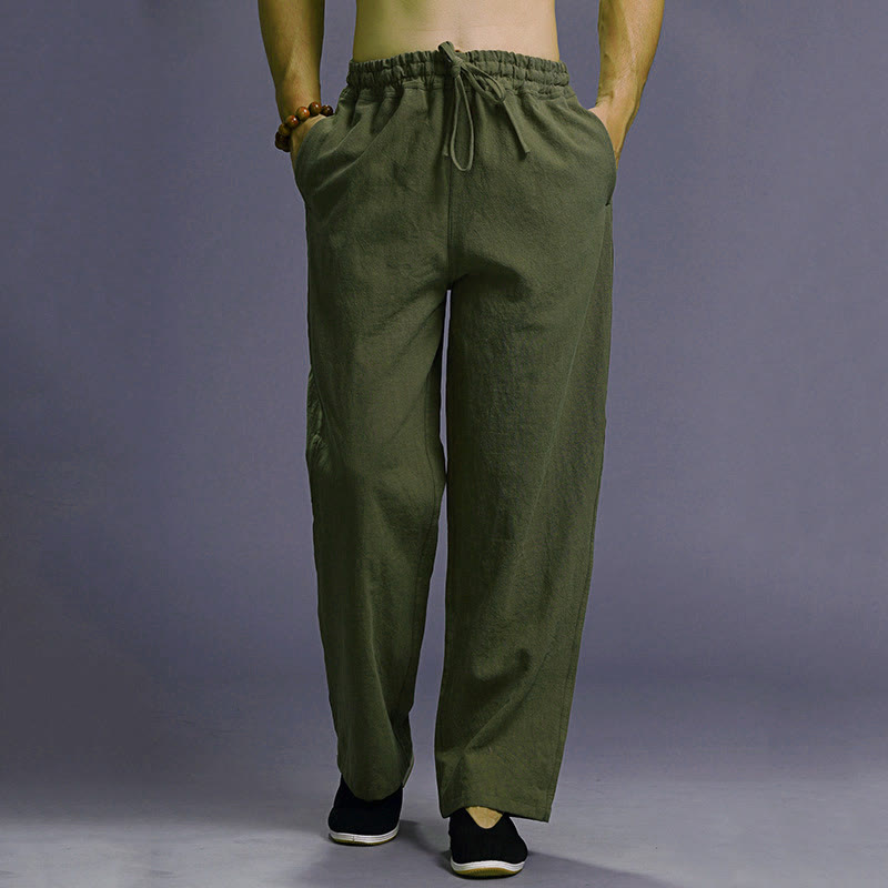 Spodnie męskie z kieszeniami i ściągaczem Buddha Stones Casual Plain Color Linen - ForestGreen - US/UK/AU38， EU48 (XL) - image 39