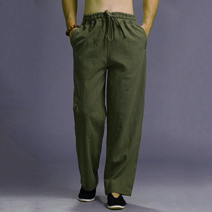 Spodnie męskie z kieszeniami i ściągaczem Buddha Stones Casual Plain Color Linen - ForestGreen - US/UK/AU38， EU48 (XL) - image 39