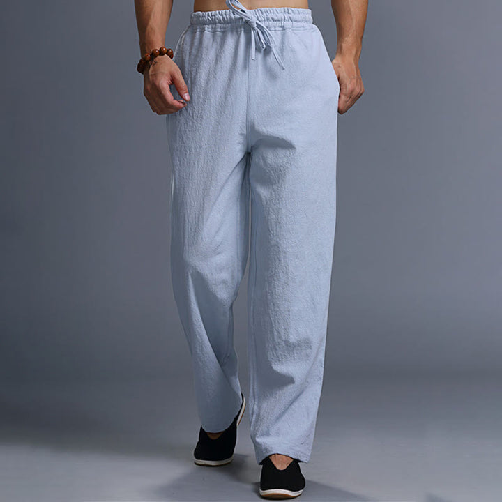 Spodnie męskie z kieszeniami i ściągaczem Buddha Stones Casual Plain Color Linen - image 32