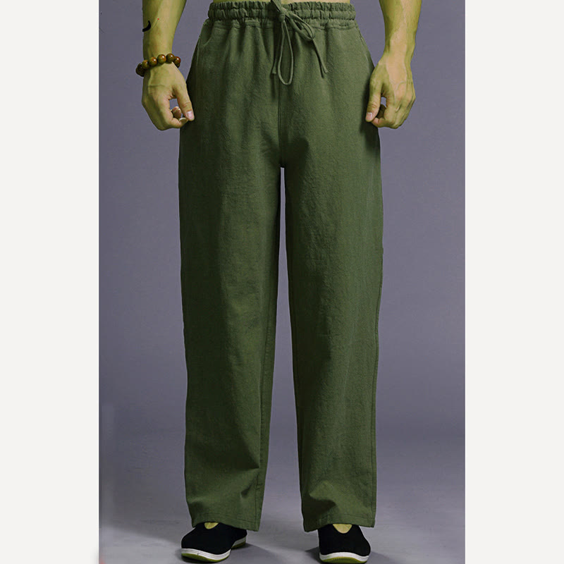Spodnie męskie z kieszeniami i ściągaczem Buddha Stones Casual Plain Color Linen - image 40